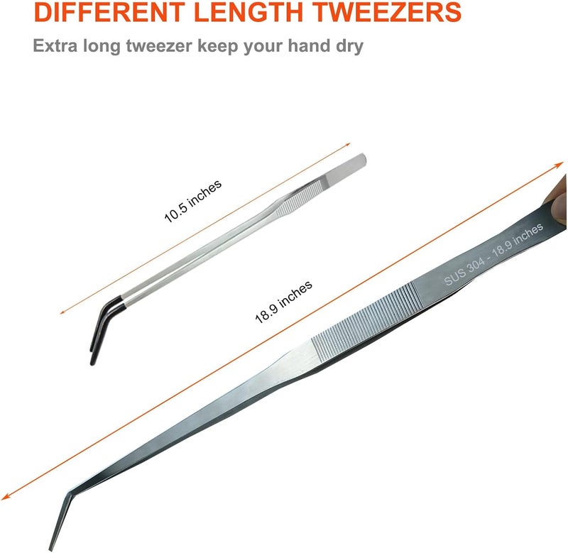 Fecsam 2 Pack Extra Long Tweezers, Feeding Tongs, 18.9 inch & 10.5 inch Curved Aquarium Stainless Steel Large Aquascape Tools for Fish Tank, Terrarium，Aquascaping, Reptile, Bearded Dragon - Image 2